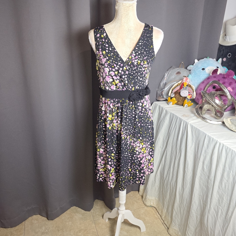 Apt.‎ 9 Petite Small Floral Fit & Flare Sleeveless Dress Black Pink Yellow